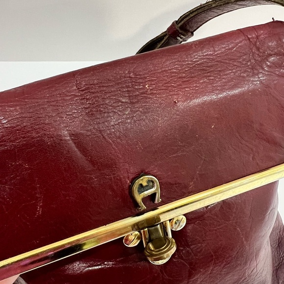 Vintage 60s 70s Leather Handbag AIGNER Handmade Shoulder Bag Maroon Purse - Picture 5 of 16